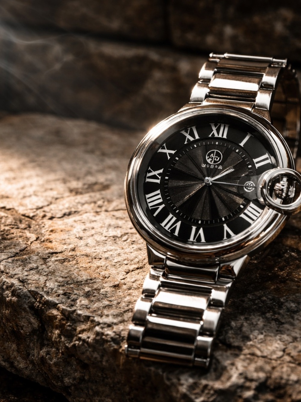 Men's Silver Metal Bracelet Analog Dress Watch - Black Dial, Roman Numerals